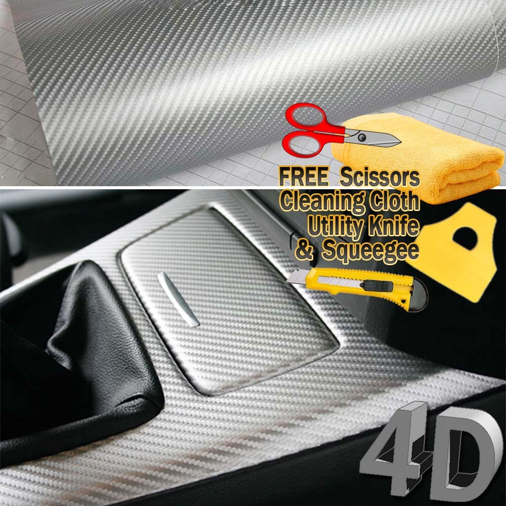 72″ x 60″ Premium Gloss Silver Carbon Fiber 4D Vinyl Film Wrap Air Bubble Free