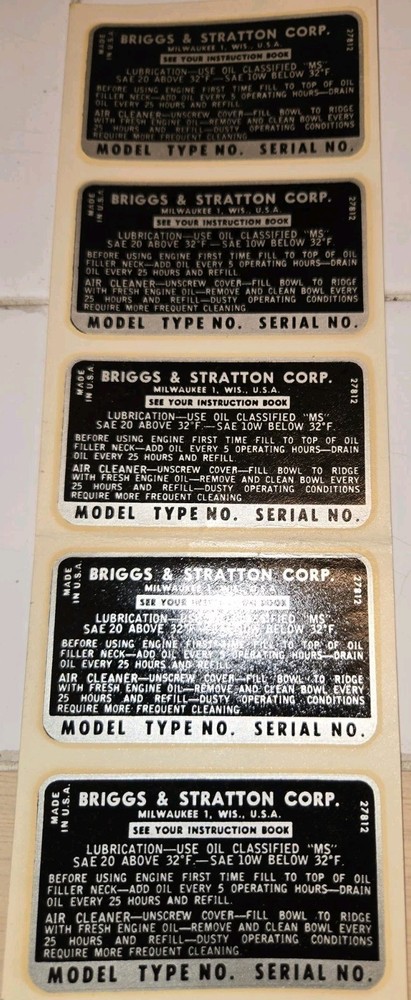 NOS Briggs & Stratton Engine DECALS NOT REPRODUCTION Set Of  5