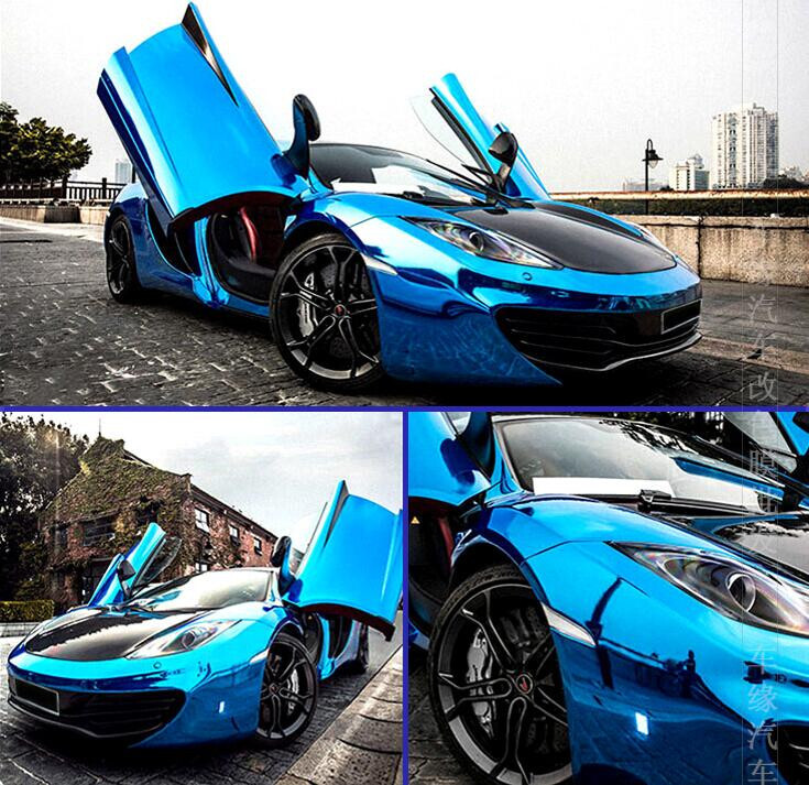 50FT x 5FT Stretchable Glossy Chrome Vinyl Film Sticker For Car Wrap Foil Blue