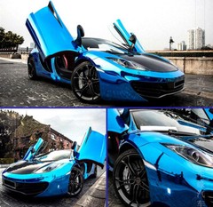 50FT x 5FT Stretchable Glossy Chrome Vinyl Film Sticker For Car Wrap Foil Blue