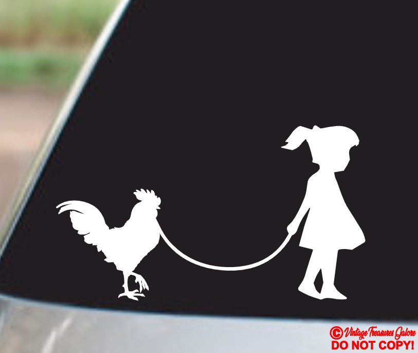 GIRL WALKING A ROOSTER Vinyl Decal Sticker Car Window Bumper Farm Chicken Bird