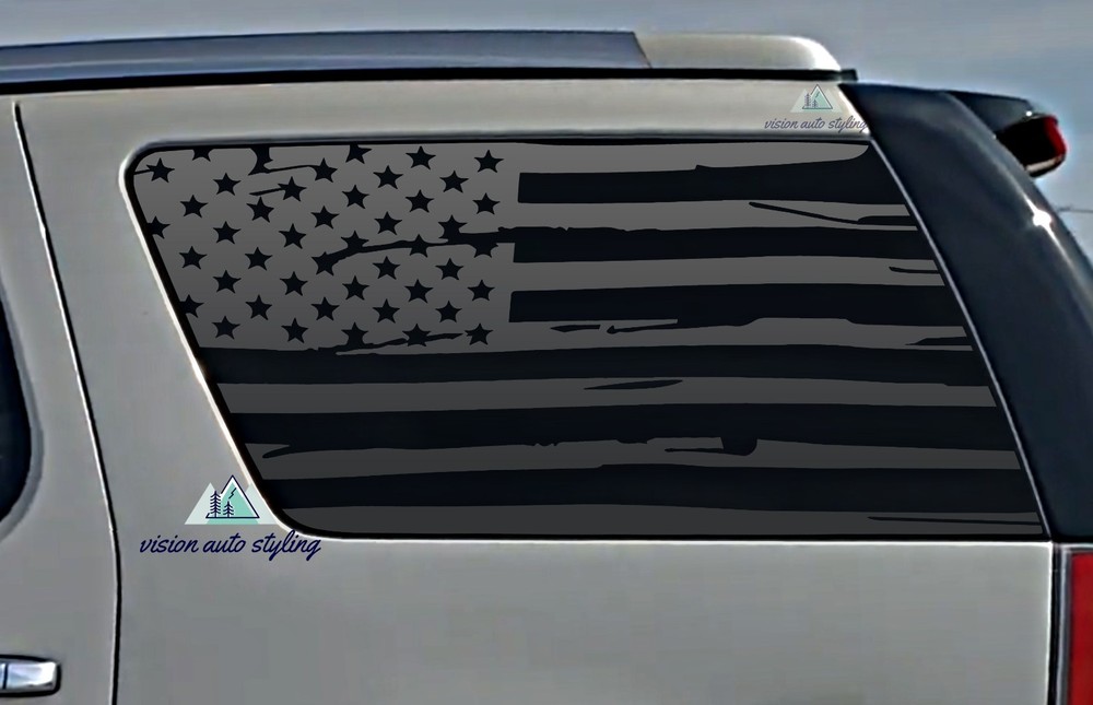 Fits 2007-2014 CADILLAC ESCALADE Quarter Window Distressed American Flag Decal