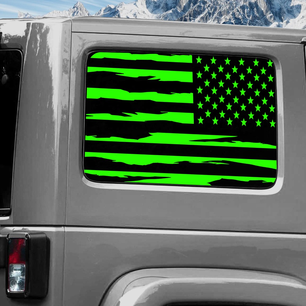 Rear Window Wrap Graphic Decal for Jeep Wrangler 2011-2020 TORN FLAG STAR GREEN