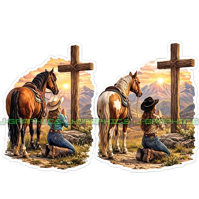 Cowgirl Praying Horse Car Window Decal Jesus Cross Truck Sticker 2 Pack A