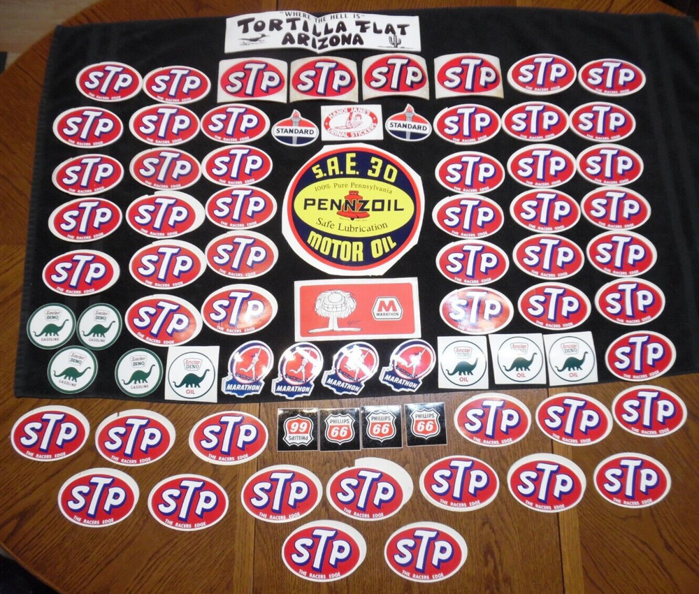 Vtg NOS Decal Stickers STP PENZOIL MARATHON SINCLAIR STANDARD OIL Gas Use On Can