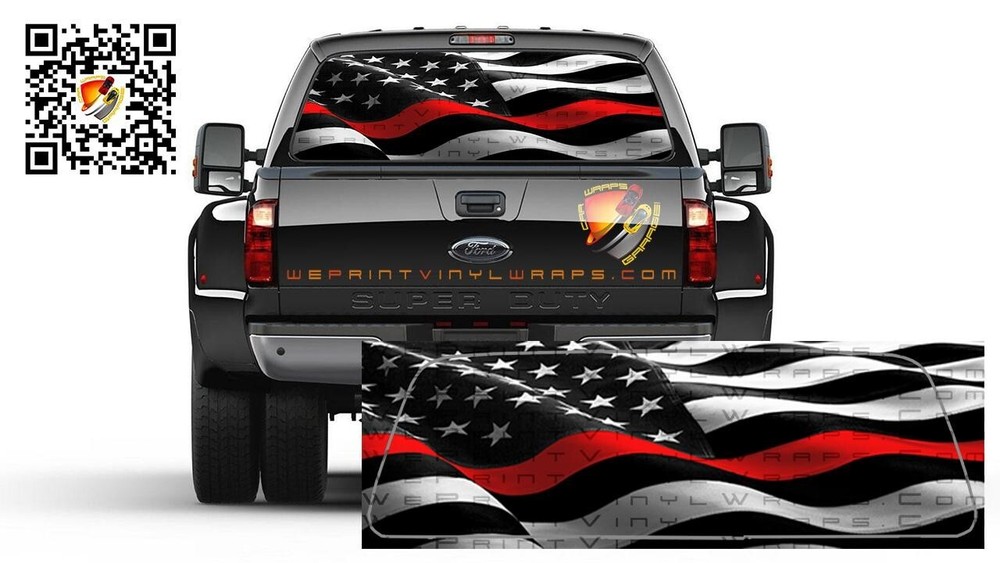 American Flag Black & White Waving Thin Red Line Firefighter Rear Window Perf