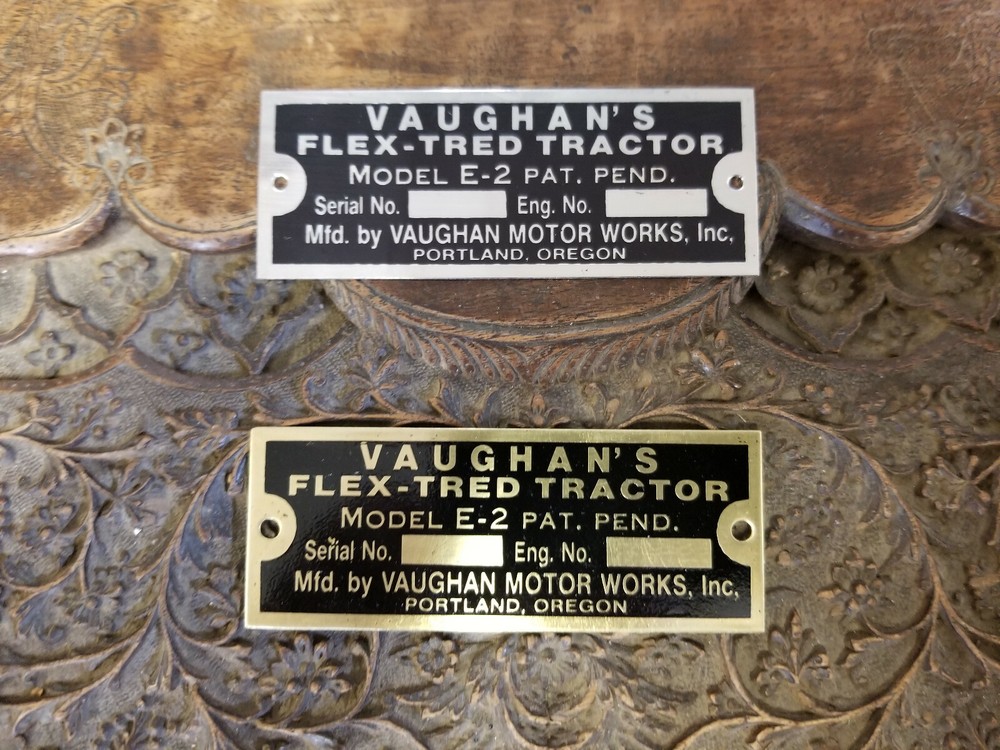 Vaughans Flex-Tred Tractor Data Plate Acid Etched CHOICE Brass or Aluminum