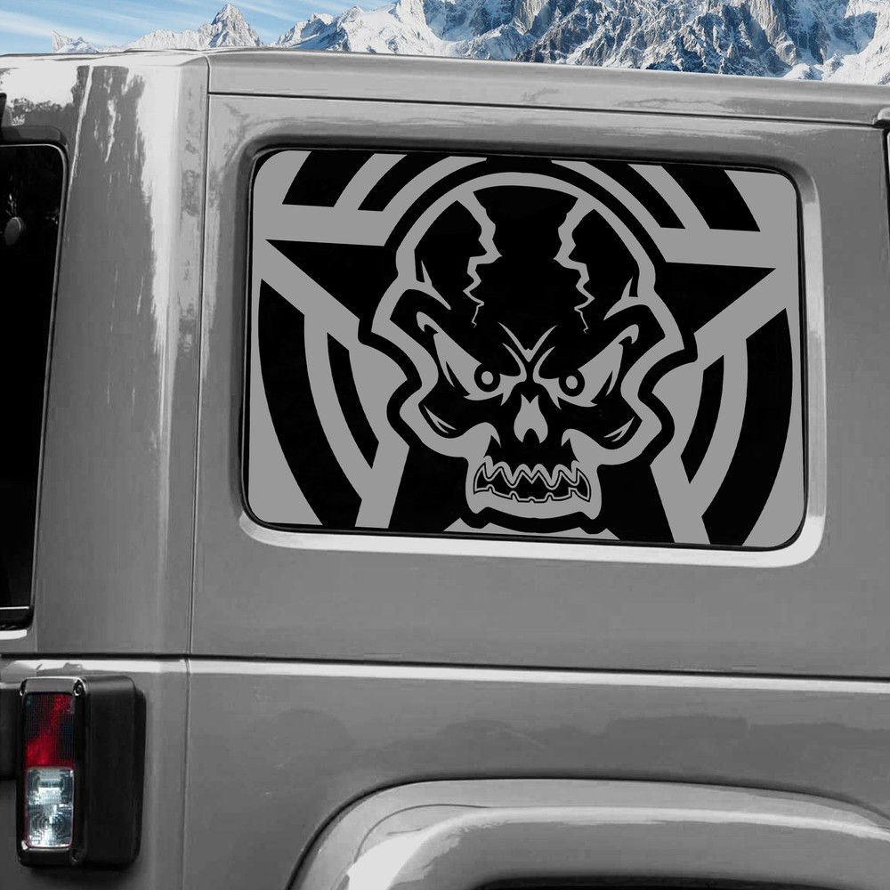 Rear Window Wrap Graphic Decal for Jeep Wrangler 2011-2020 STAR SKULL SILVER