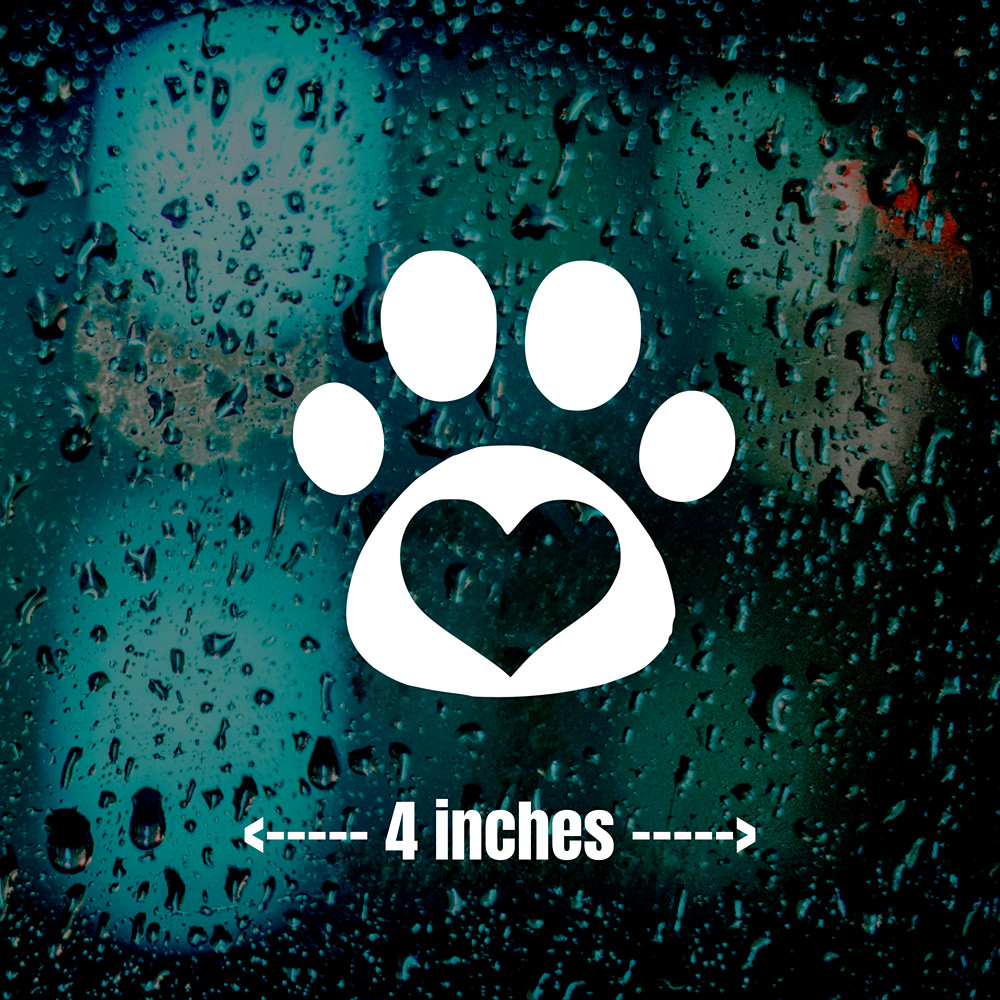 Paw Print Heart Decal Sticker Pet Dog Cat Lover Vinyl Car Window Wall 4″ White