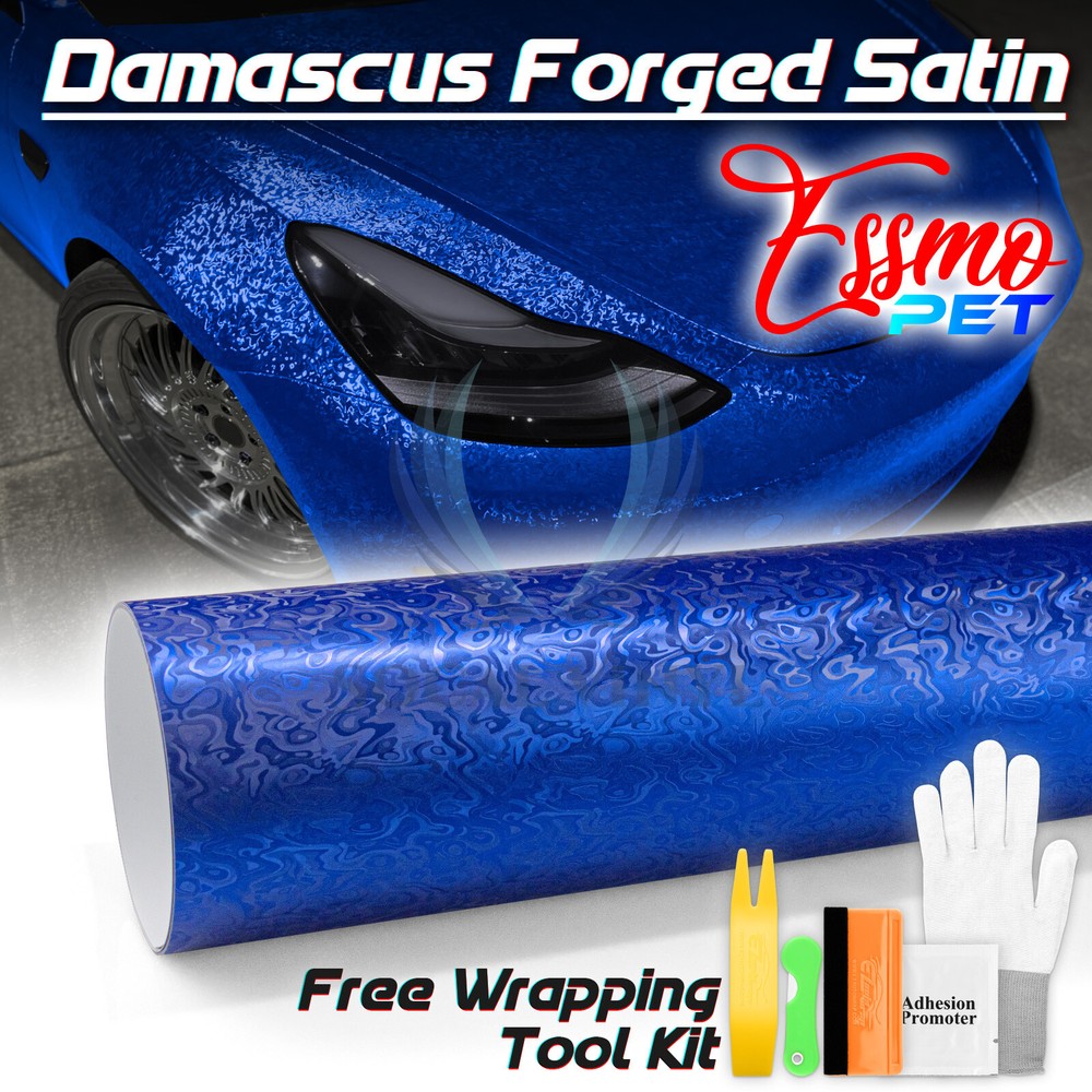 PET Damascus Steel Forged Carbon Fiber Royal Blue Car Vinyl Wrap Decal Sticker
