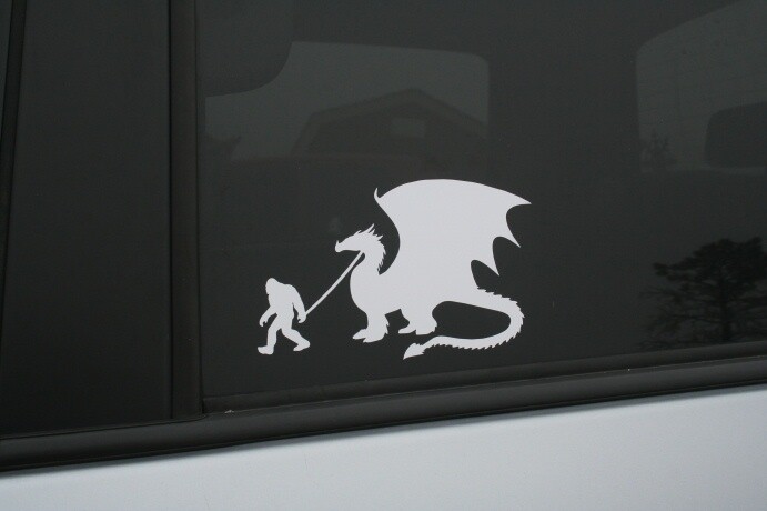 Bigfoot walking his pet Dragon die-cut sticker, Buy 2 get 1 FREE offer!