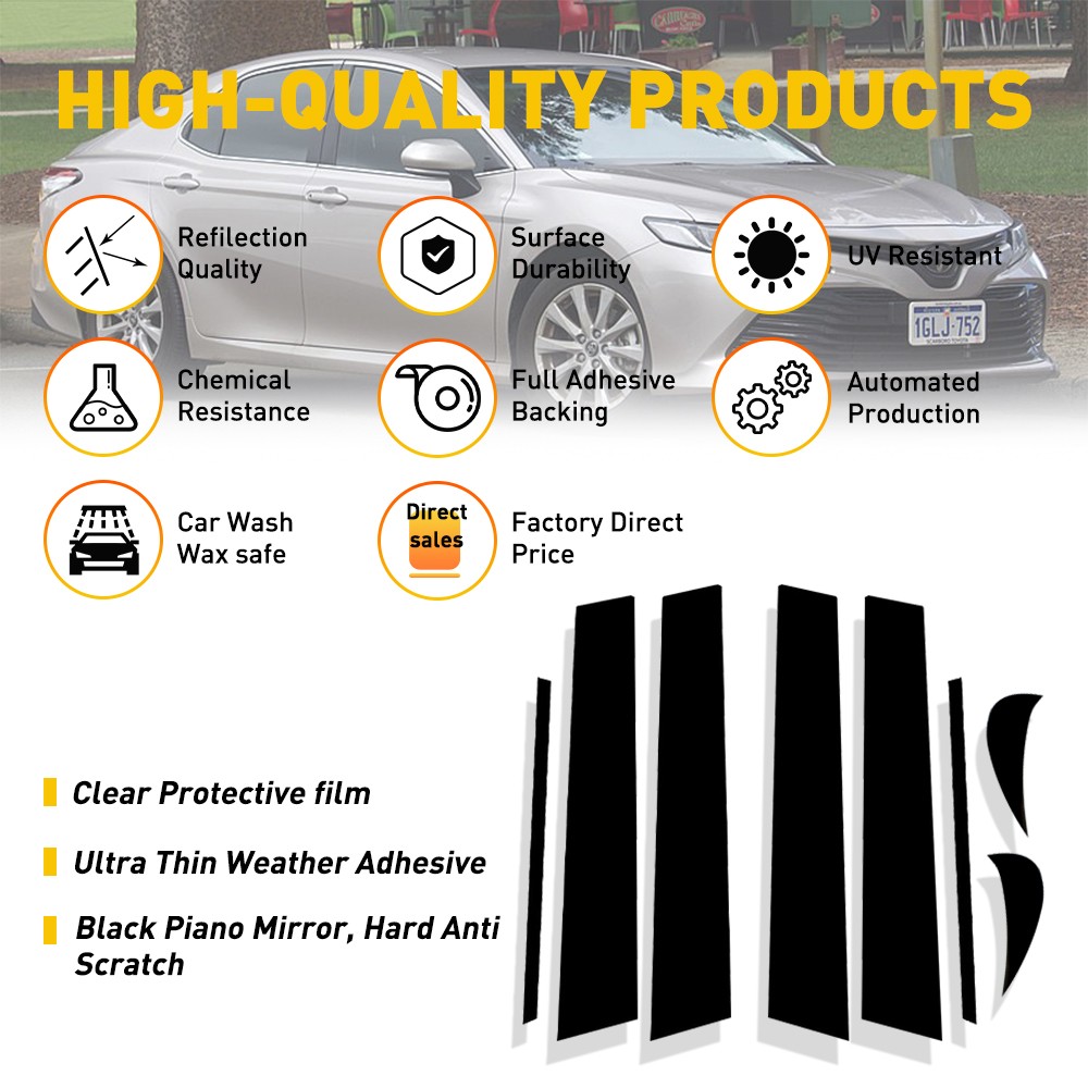 8PCS Door Window Pillar Post Glossy Black for Toyota Camry 2018-2021 Pre-cut Set