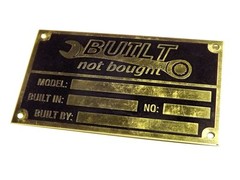 Gold brass Built Not Bought custom manufacturer vin name plate etched
