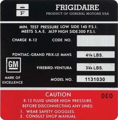 1973 Firebird Black and Red Frigidaire AC Compressor Decal Model #1131030