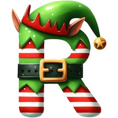 Letter R Sticker (2 Inch) Letter R Christmas Holiday Elf Hat Belt Snow Flake