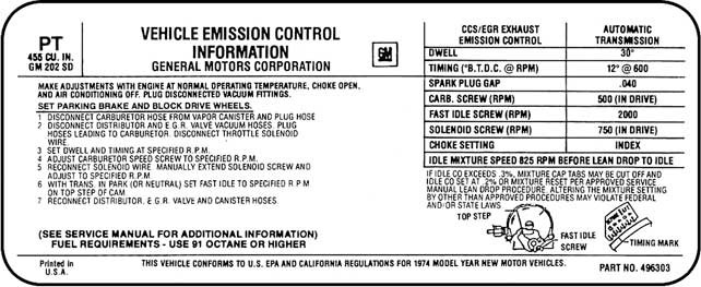 1974 Firebird 455 Super Duty with Automatic Transmission Emission Decal (Code