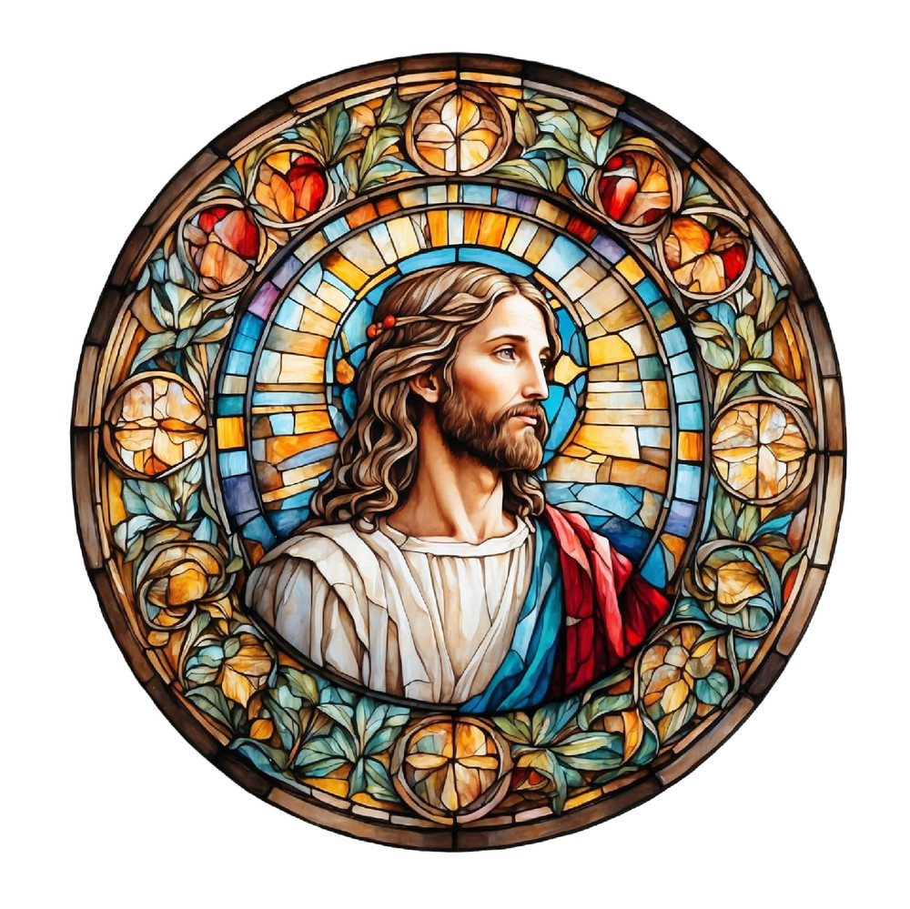 Jesus Round Sticker 4″ Colorful Stained Glass Style Vivid Bible Christian Church