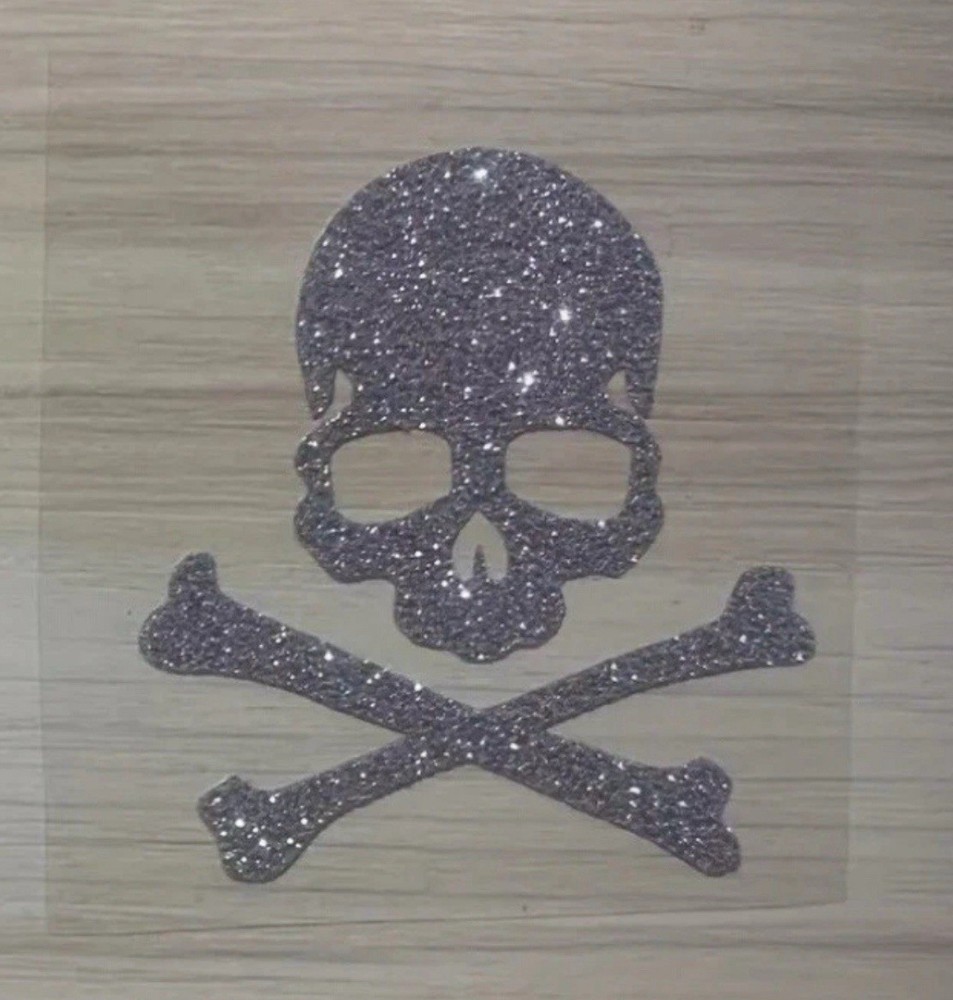 IRIDESCENT SILVER GLITTER BLING SHINY SKULL CROSSBONES 2” VINYL STICKER DECAL