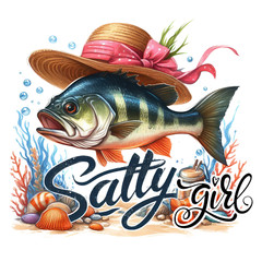 Fishing Sticker (2 Inch Wide) Salty Girl Woman Fish Pink Hat Funny Bass