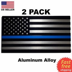 2 PACK ALUMINUM Police Officer Emblem Thin Blue Line American Flag Decal Sticker