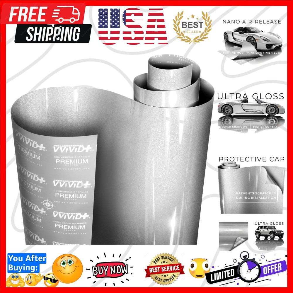 Ultra Gloss Silver Metallic Vinyl Car Wrap Paint Replacement Film Roll with …