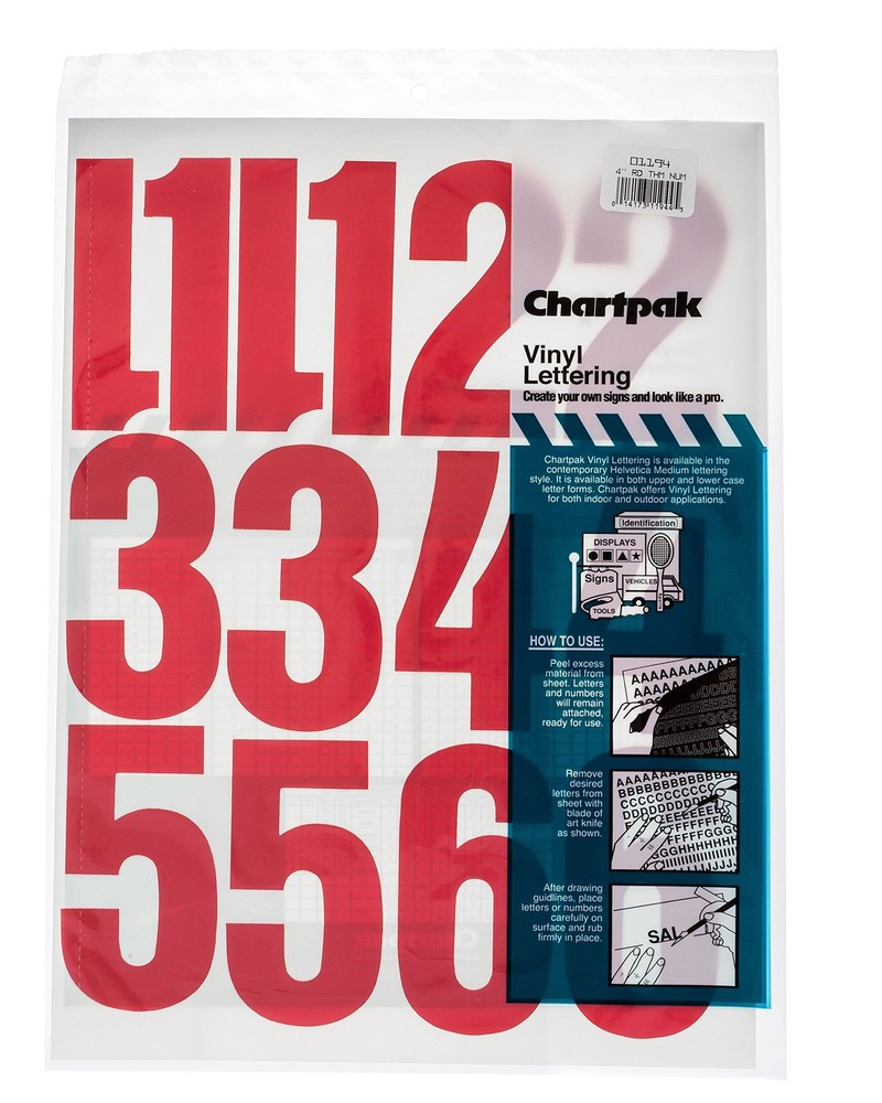 CHARTPAK Self-Adhesive Vinyl Numbers, 4 Inches 23 Count (Pack of 1), Red