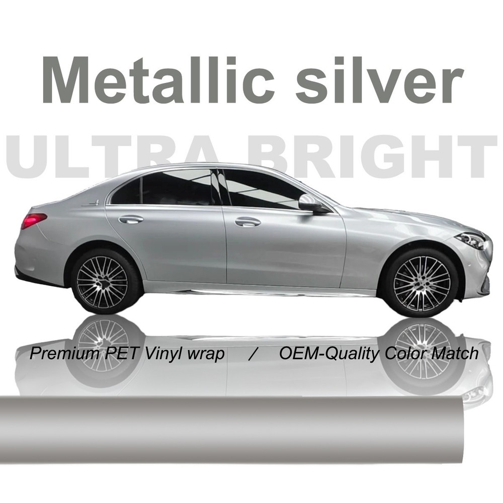 5FTx50FT PET Gloss Metallic Silver Vinyl Wrap Self-Adhesive Air Release US Stock