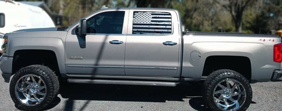 Chevy GMC TRUCK CREW CAB Window TATTERED American Flag Decal Graphic both sides