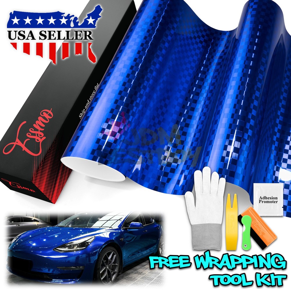 ESSMO PET Chrome Checker Carbon Fiber Gloss Blue Vinyl Wrap Film Decal Sticker