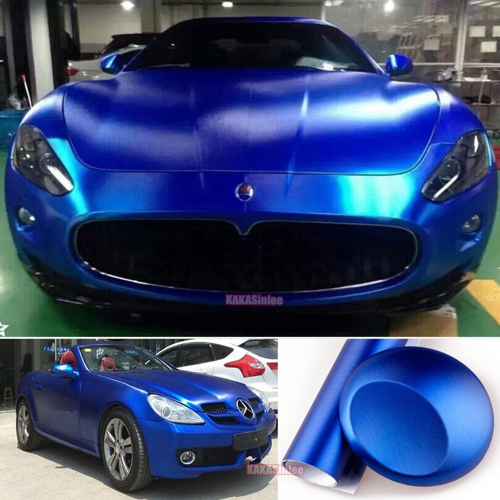 Full Car Wrap Satin Chrome Brushed Steel Grain Metal Vinyl Sticker Dark Blue US