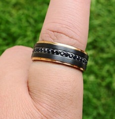 Raised Black Titanium Ring with Black Diamonds Brushed Finish 8mm Rose Gold Edge
