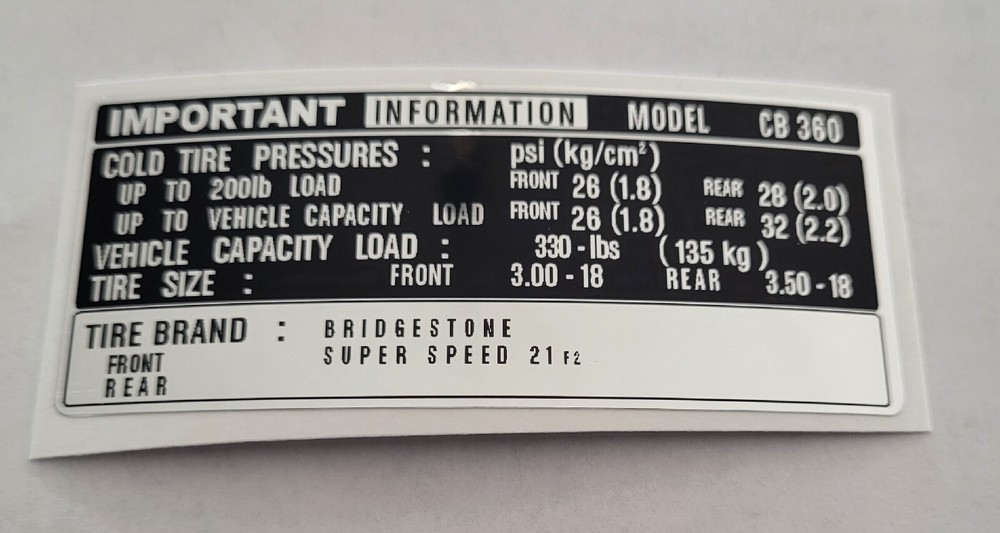 Honda CB360 CB 360 K Tire Caution Information Decal Label Mark