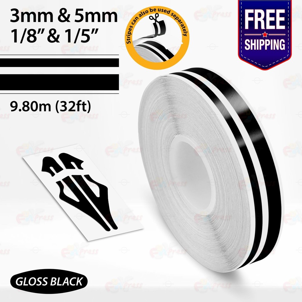 GLOSS BLACK 1/8″ & 1/5″ Roll Vinyl Pinstriping Stripe Double Line Tape Sticker