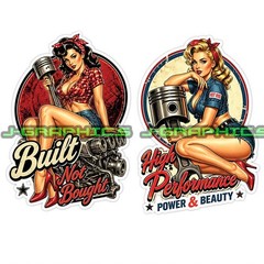 Pin Up Piston Built Not Bought Pinup Art Hot Rod Vinyl Decal Sticker 2 Pack J
