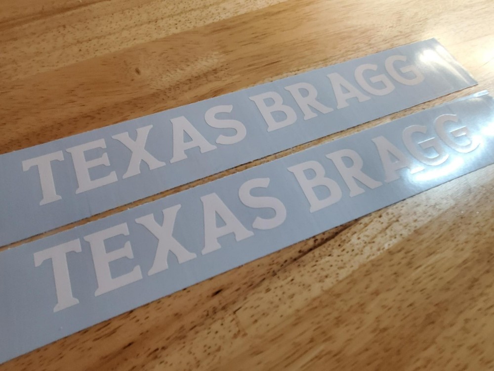 texas bragg trailer DECALS STICKERS GLOSS white 18×2″ (2) FAST USA