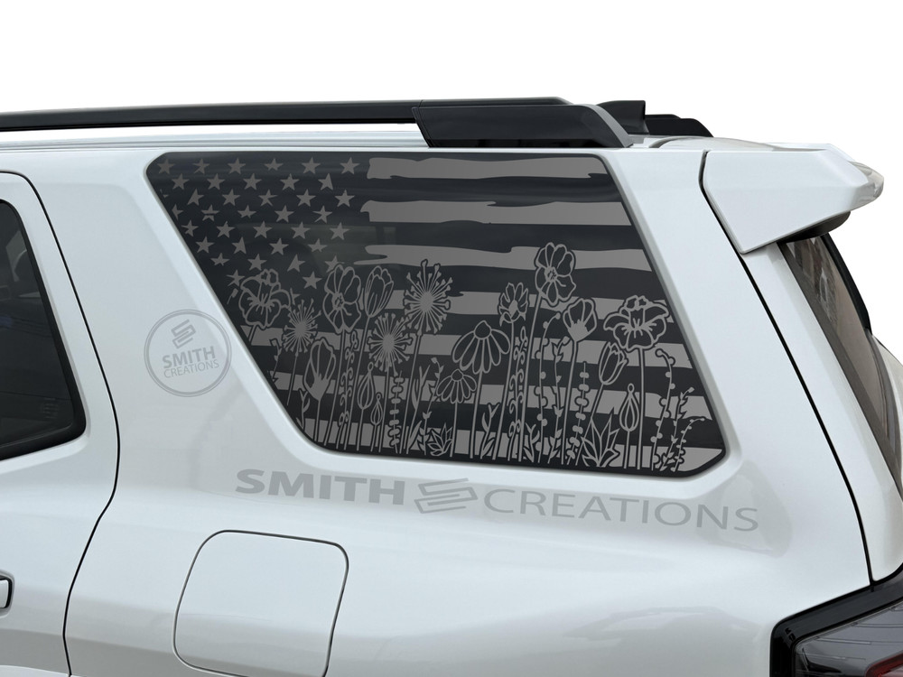 Fits 2025 – 2026 Toyota 4Runner Distressed American Flag Floral Window Decal