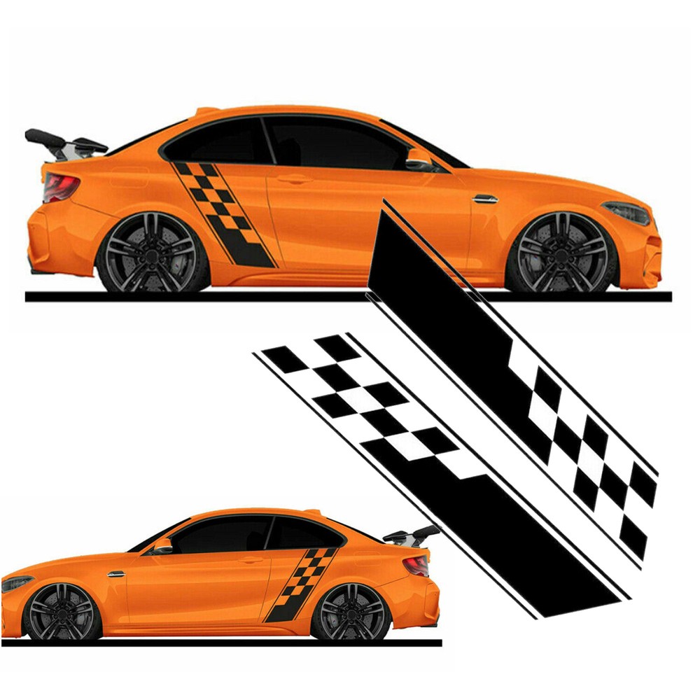 2X Sport Rally Racing Plaid Car Body Side Door Skirt Fender Stripe Decal Sticker