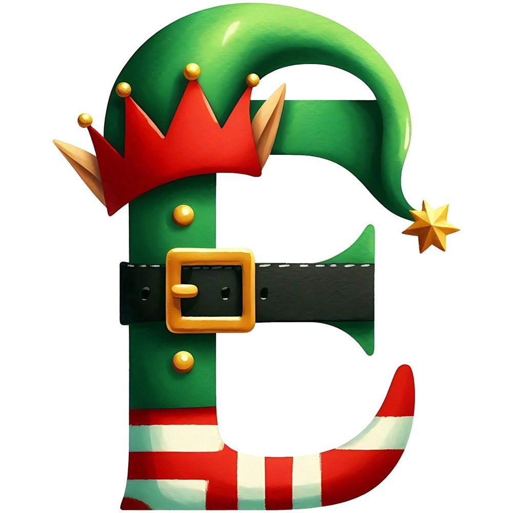 Letter E Sticker (2 Inch) Christmas Holiday Elf Hat Belt Snow Flake !
