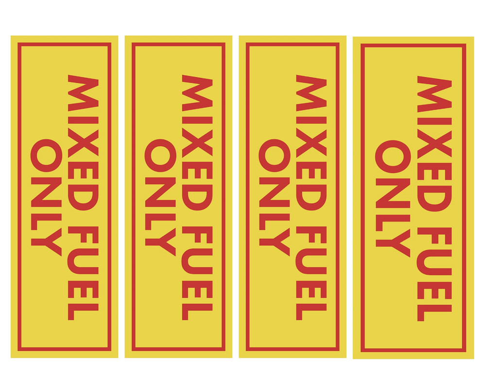 4 pack MIXED FUEL ONLY Vinyl Stickers Decals / Gas Oil 2 Stroke Can Door Labels