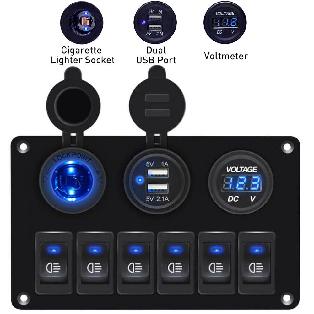 Rocker Switch Panel LED Blue Light USB Dual 6 Gang Fits 12V Car Auto Marine Boat