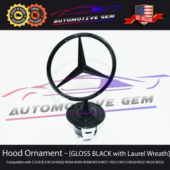 OEM Front Hood Ornament Standing Mercedes Star GLOSS BLACK Laurel Wreath Logo
