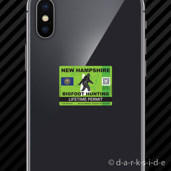 (2x) New Hampshire Bigfoot Hunting Permit Cell Phone Sticker Sasquatch Lifetime