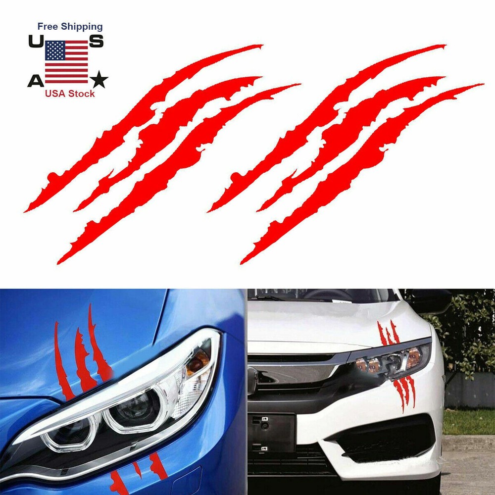 2pcs Red Monster Claw Scratch Decal Reflective Sticker Car Headlight Decoraction