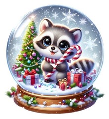 Holiday Snow Globe Baby Animal Sticker (2 Inch) Raccoon Santa Hat Star Bulbs