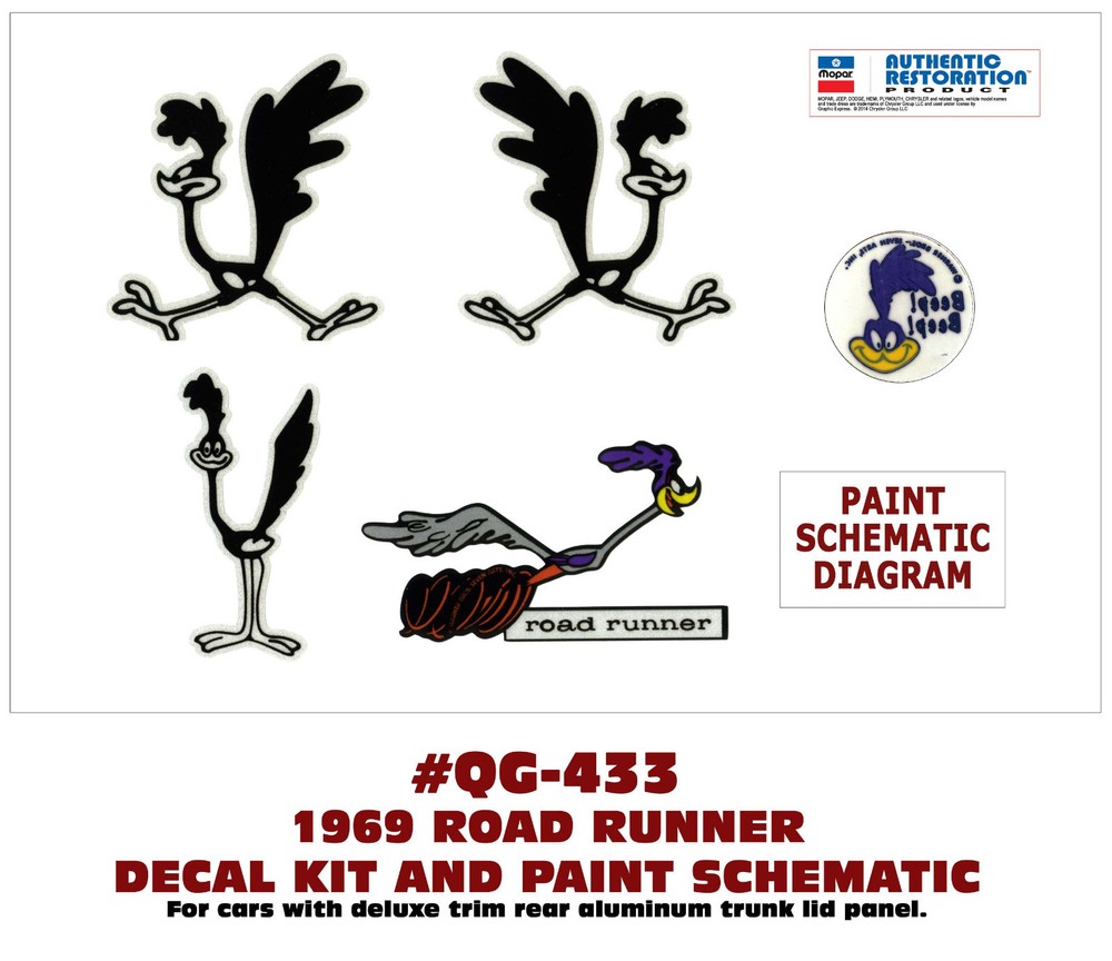 XP QG-433 1968 PLYMOUTH ROAD RUNNER – MULTI DECAL SET & PAINT SCHEMATIC – 6 pcs