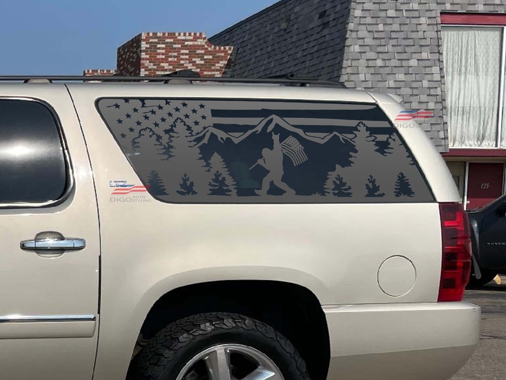 Fits 2007-2014 GMC Yukon XL Quarter Window Sasquatch Bigfoot American Flag Decal