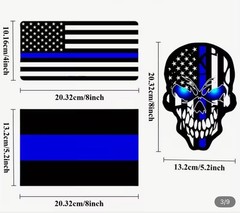 3 Pack 8” INCH Reflective LED Blue Eyes Black American Flag Skull Sticker Decal