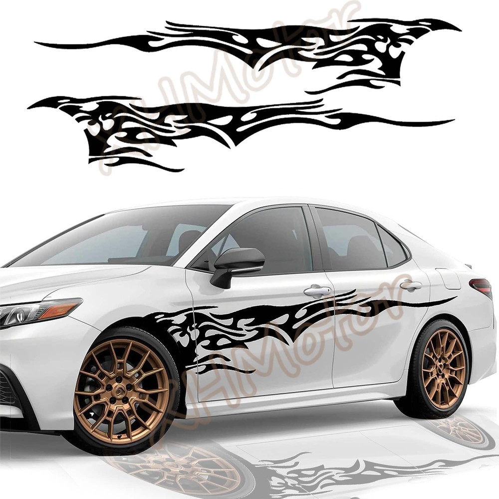 2pcs Flame Graphics Racing Stripe Car Body Side Molding Trim Decor Decal Sticker