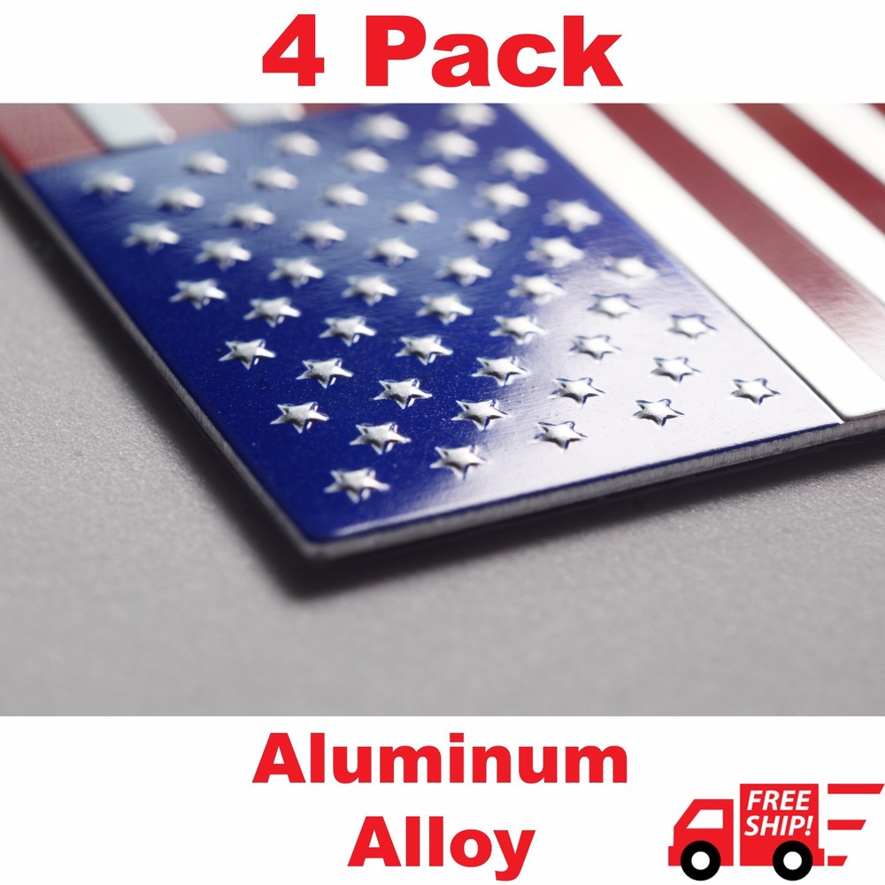 (4 Pack) Aluminum US American Flag Sticker Decal | Auto Car Emblem 3.15″x1.75″