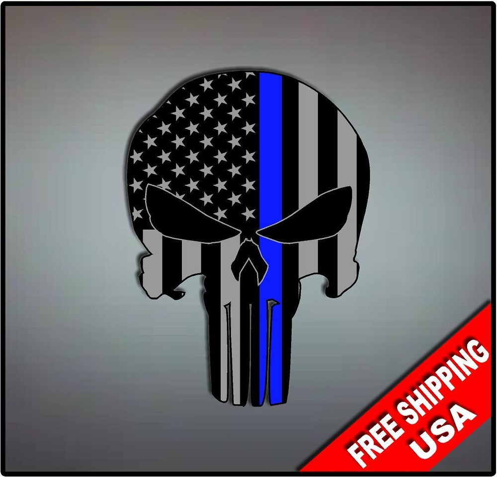 Punisher Blue Line USA Skull Vinyl Decal Sticker Police Vehicle Window Logo LE